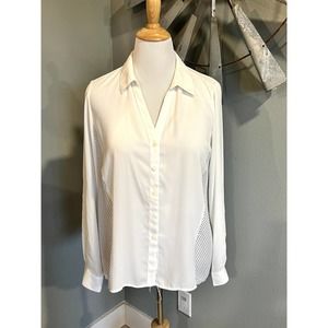 Alfani Cream Fitted Button Down Blouse with Black Polka Dot Detail Size 14